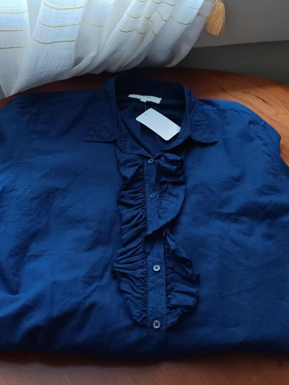 NWT Xirena Navy Blue Ruffle Front Baron Cotton Long Sleeve Shirt Size Large